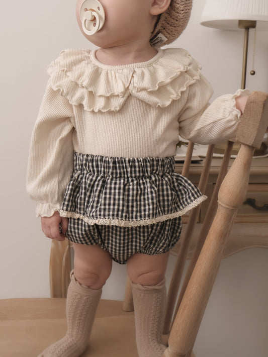 韓國童裝|氣質大荷葉領羅紋棉上衣MM09