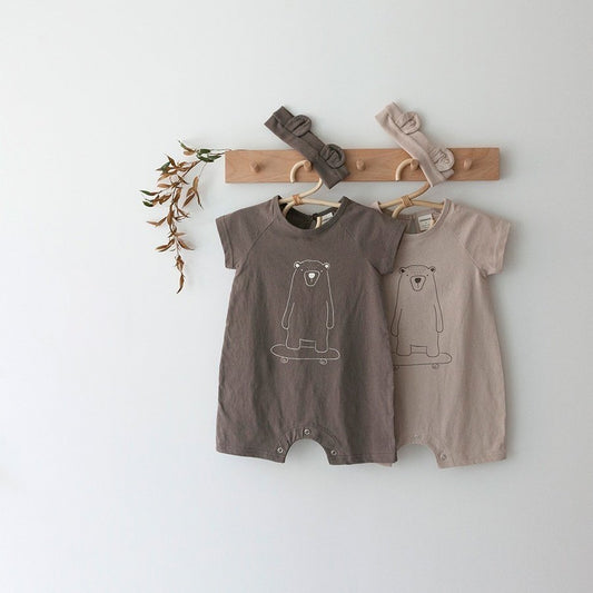 韓國童裝｜熊仔短袖連身衣（連頭飾）LE02