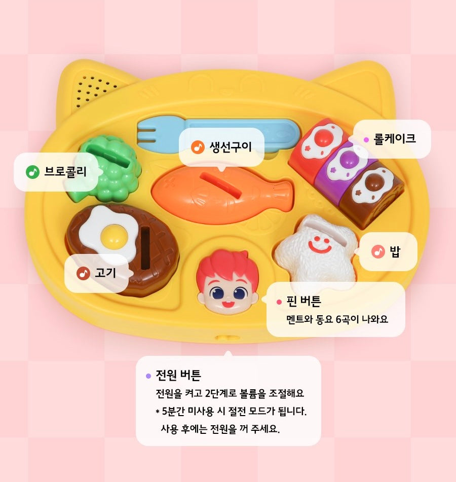 詳細標示餐盤上的按鈕功能，包括西蘭花、魚、漢堡扒、瑞士捲、星星飯與 Bebefinn 頭像按鈕。