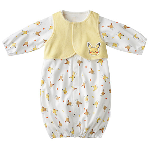 Monpoké 嬰兒套裝，包含白色印花連身衣及黃色比卡超背心，正面展示。