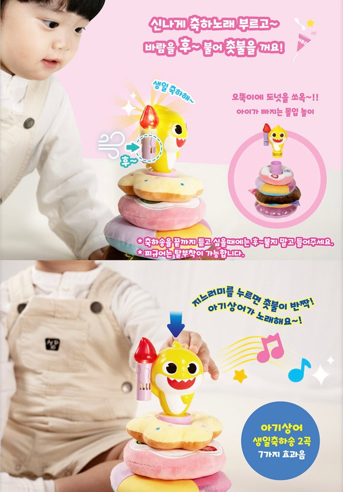 幼兒示範 Baby Shark 玩具玩法，圖解展示對著蠟燭吹氣可熄滅燈光，以及按壓鯊魚背鰭會播放生日歌及閃爍 LED 燈光的功能。
