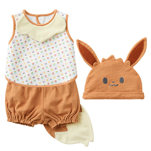 Pokémon Eevee 嬰兒造型服三件套，包括耳朵帽、圖案圍兜及尾巴短褲。