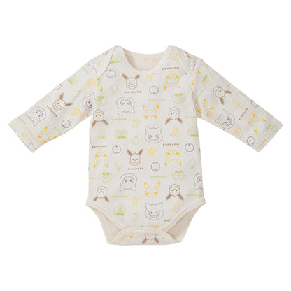 純棉嬰兒連身衣正面，印有比卡超、伊布、耿鬼及水果圖案