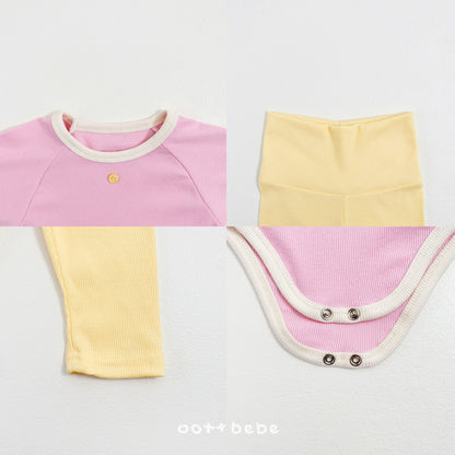 韓國童裝｜春日野餐撞色包屁衣+高腰褲套裝OT04