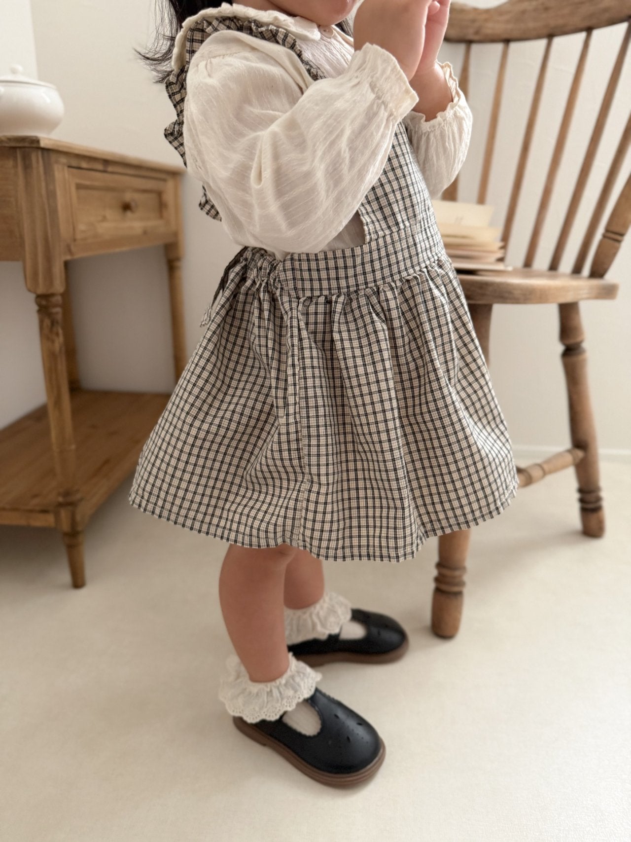 韓國童裝｜復古荷葉邊格紋吊帶裙 | 寶寶背心裙 MM19