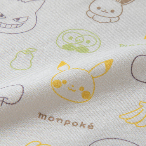 純棉嬰兒連身衣布料細節，印有比卡超、伊布、耿鬼及水果圖案