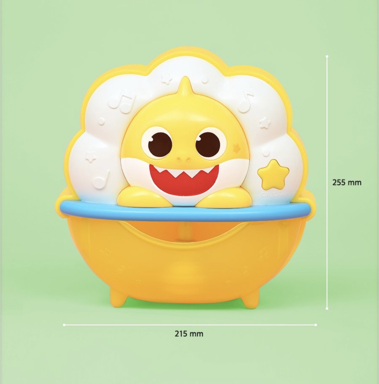 Baby Shark 音樂泡泡浴玩具的正面尺寸圖，標示寬度為 215mm，高度為 255mm，背景為淺綠色。