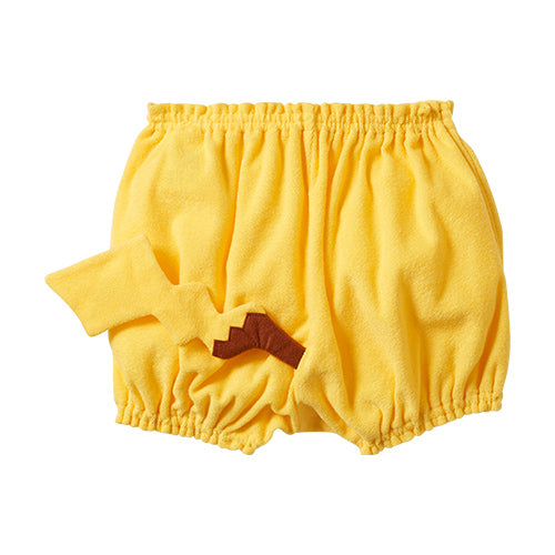 黃色嬰兒燈籠短褲背面特寫，展示立體閃電尾巴設計