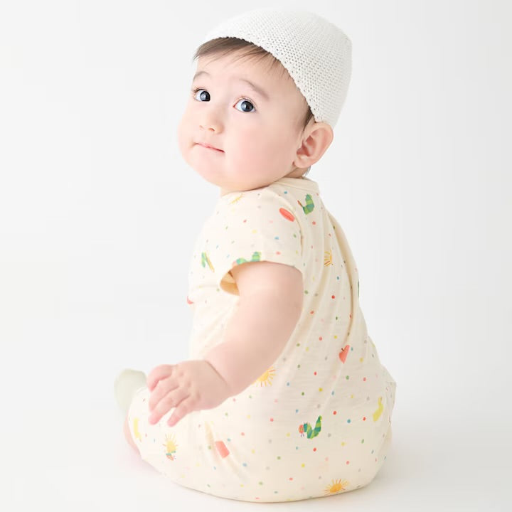 日本童裝｜Petit Main很餓的毛毛蟲 嬰兒短袖連身衣