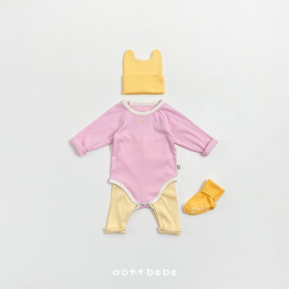 韓國童裝｜春日野餐撞色包屁衣+高腰褲套裝OT04