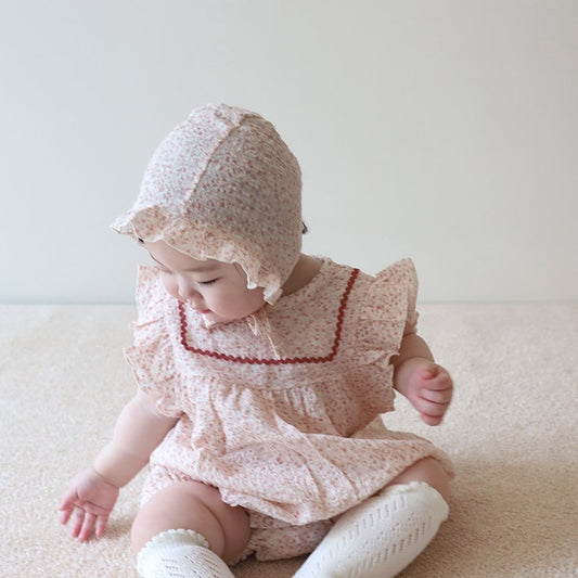 韓國童裝｜純棉皺布碎花包屁套裝（連帽）LE11