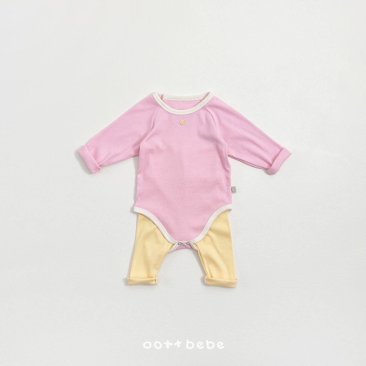 韓國童裝｜春日野餐撞色包屁衣+高腰褲套裝OT04